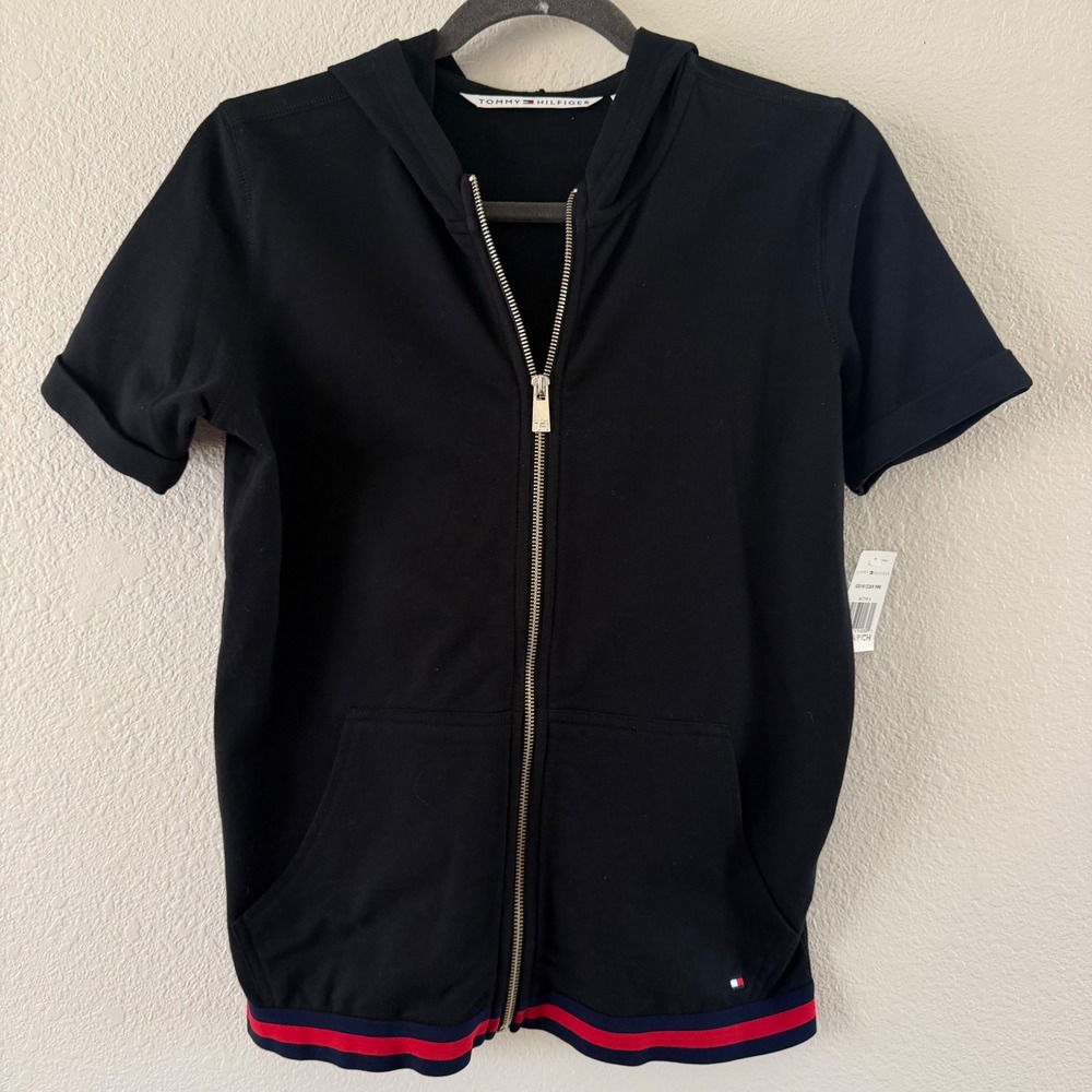 Tommy Hilfiger Women's Black Short Sleeve Full Zip Hoodie Sweatshirt Small NWT